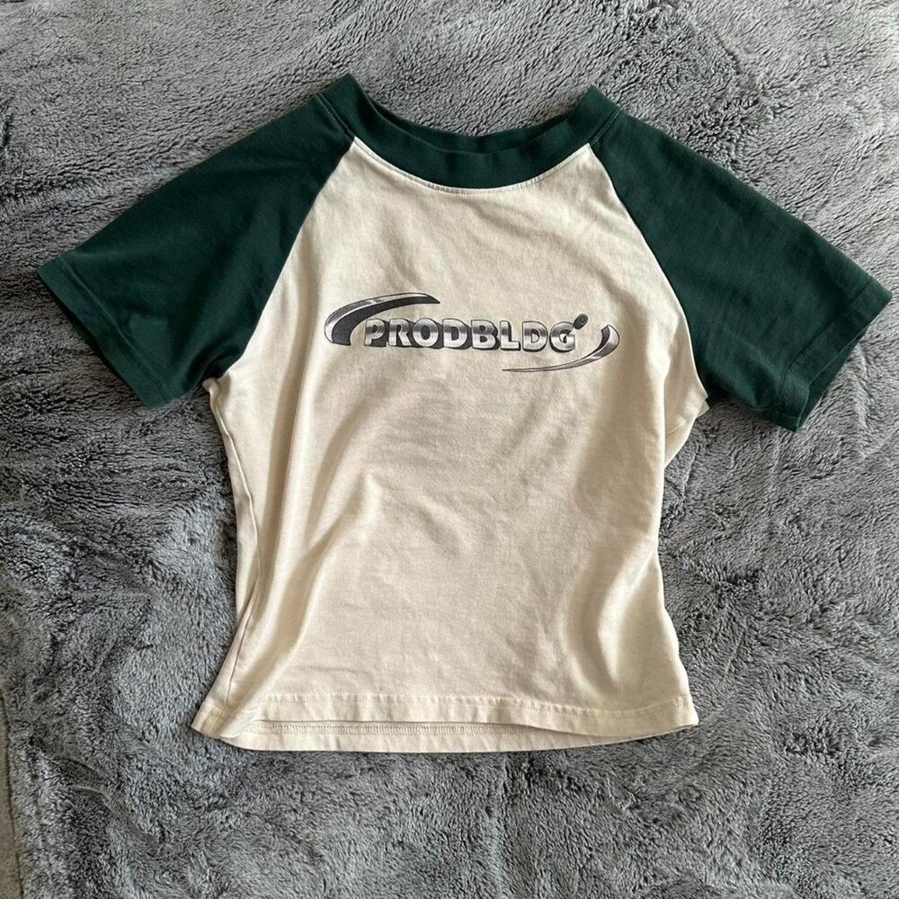 Green and cream PROD Bldg raglan baby tee
